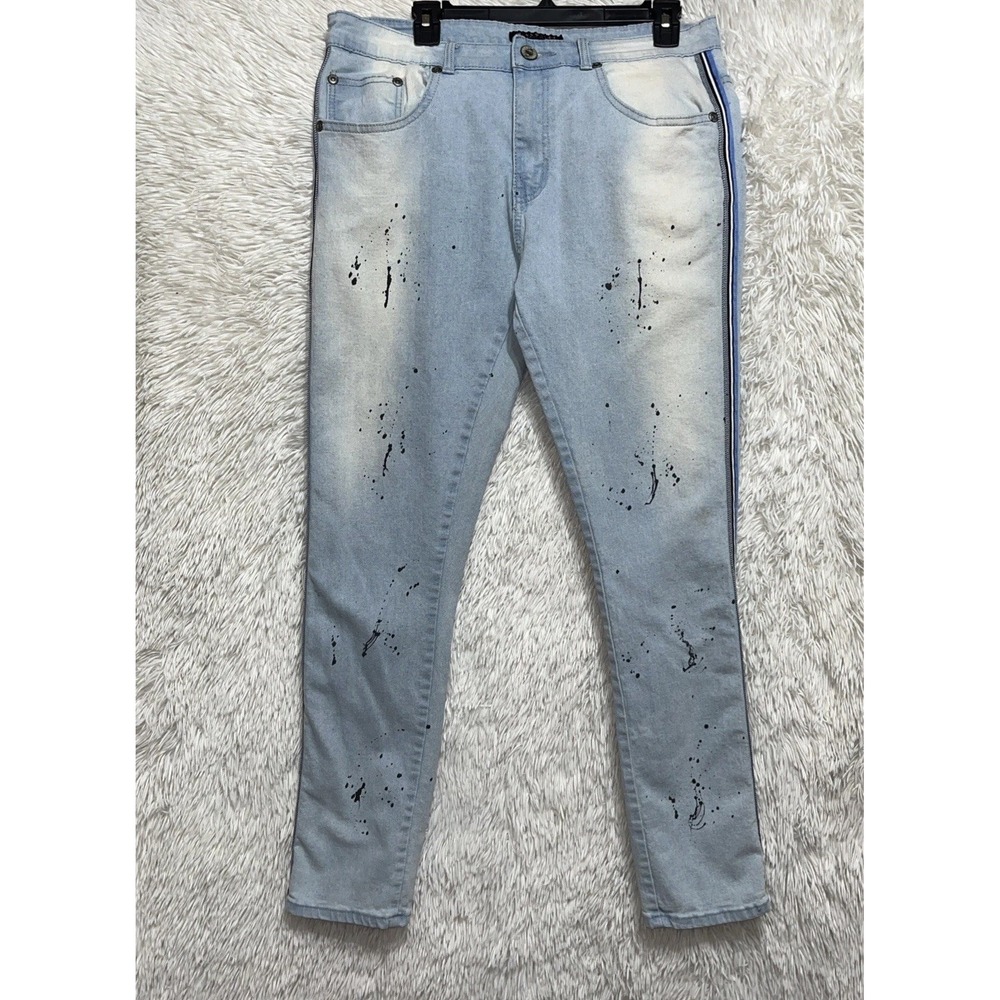 M. Society Jeans‎ Men’s Size 34x32 Blue Acid Wash Splatter Print Skinny Denim